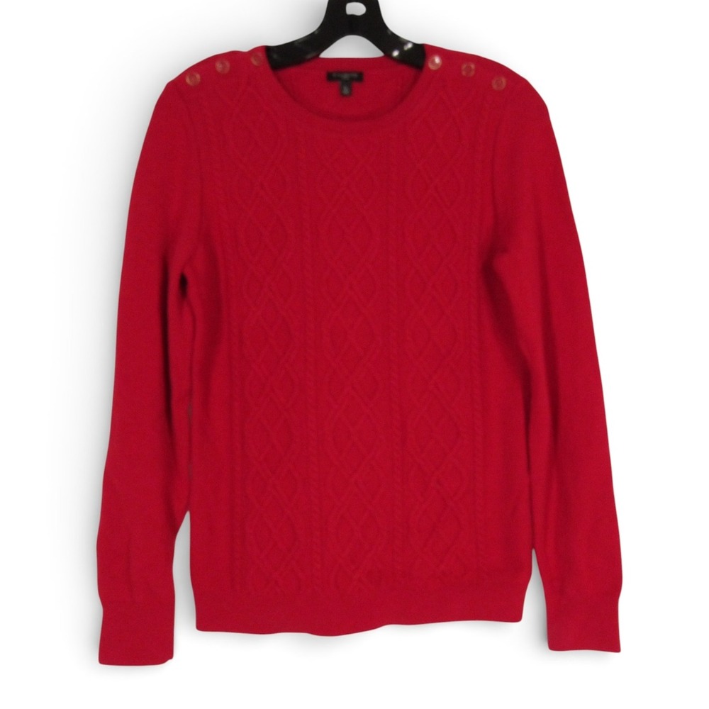 TALBOTS PETITE Red CABLE KNIT Button Shoulders LAMBSWOOL Knit Sweater Sz SP